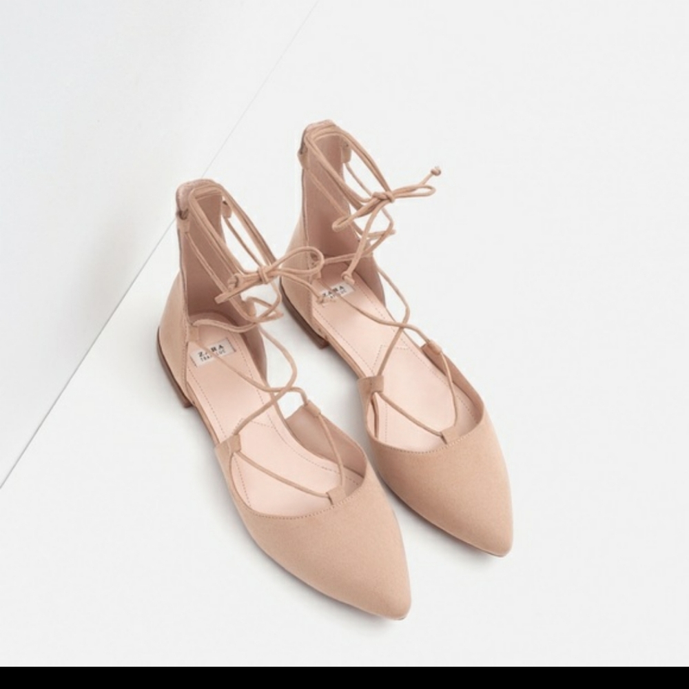 Zara Taupe Lace Up Flats - Picture 1 of 12